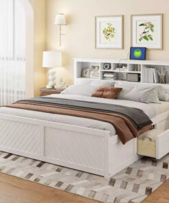 Alternative view of FAMYYT King Size Wood Platform Bed with Multi-storage Headboard, USB and Drawers, Easy Assembly