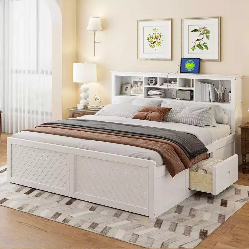 FAMYYT King Size Wood Platform Bed with Multi-storage Headboard, USB and Drawers, Easy Assembly – Image 2