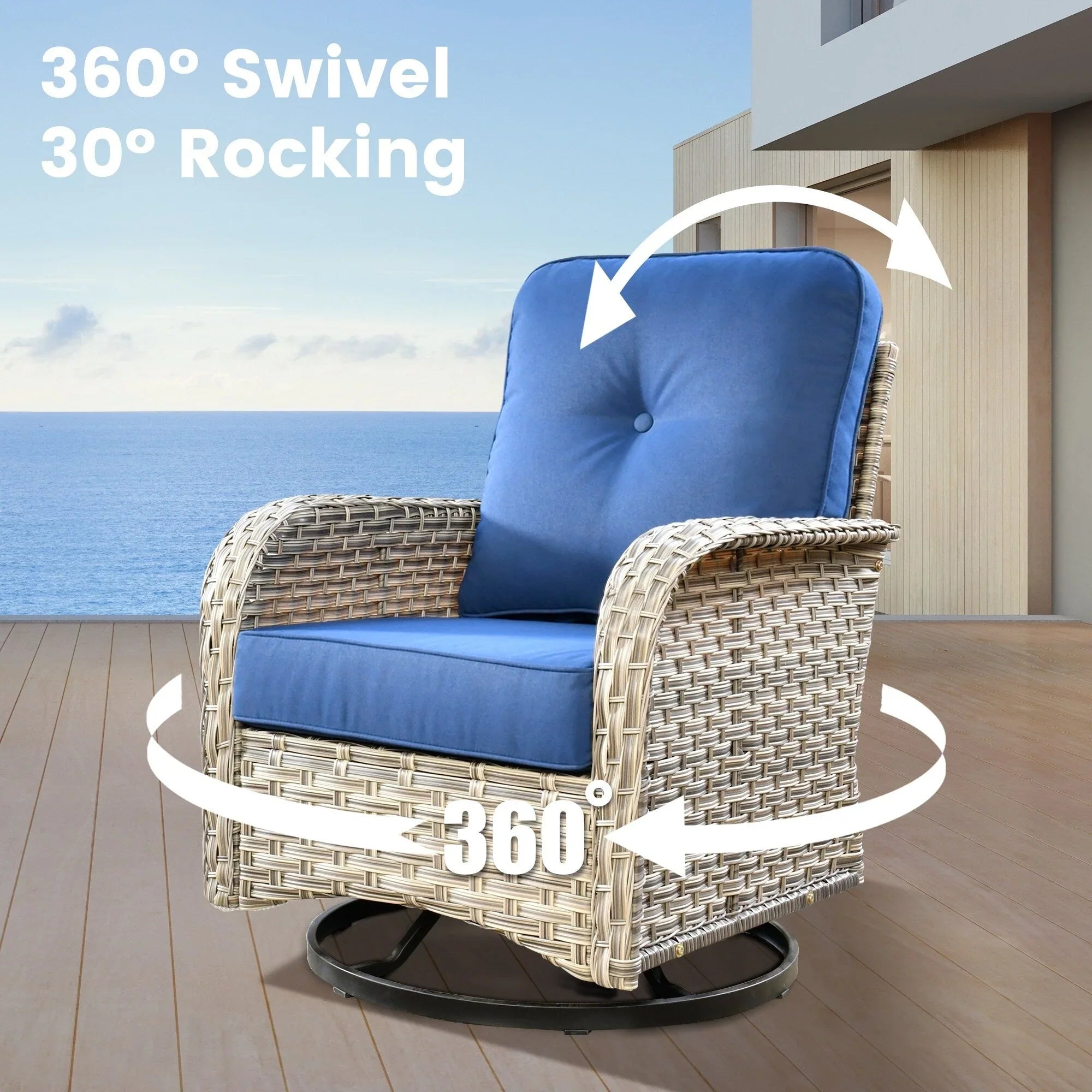 OVIOS 9 Pieces Outdoor Wicker Swivel Chair Set With Fire Table – Image 37
