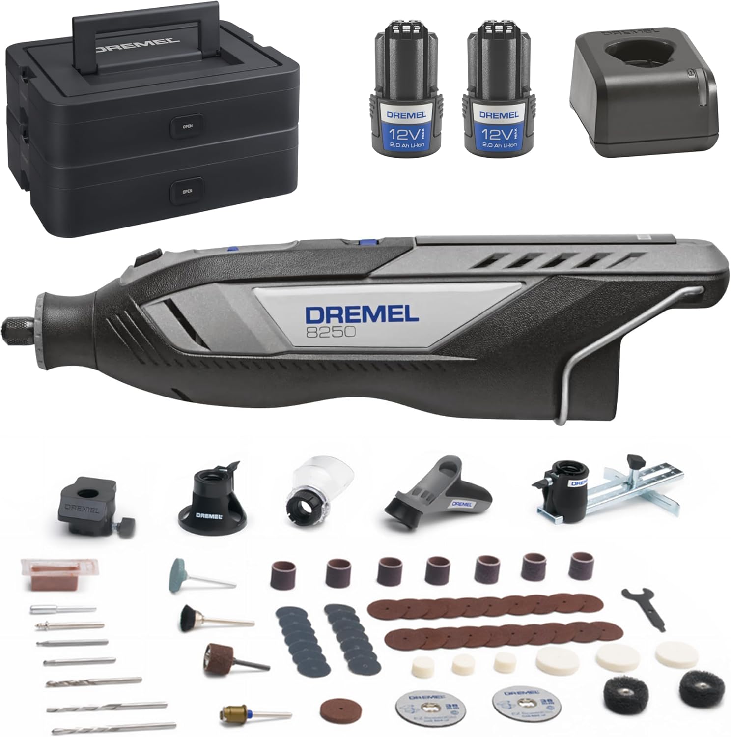 Dremel 8250 Outil rotatif sans fil 12 V 5 000-30 000 tr/min Kit d'outils multifonctions sans balais avec boîte Dremel, 65 accessoires, 5 accessoires et embouts, pour poncer, fraiser, graver