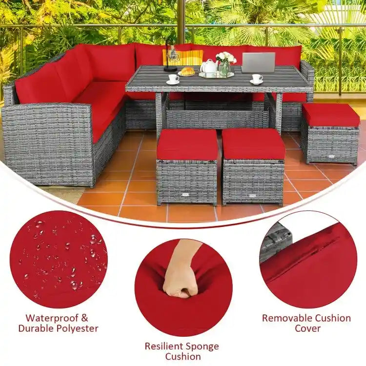 7 Pcs All-Weather Patio Rattan Dining Furniture Sectional Sofa Set with Wicker Ottoman and Cushed Couch – Image 9