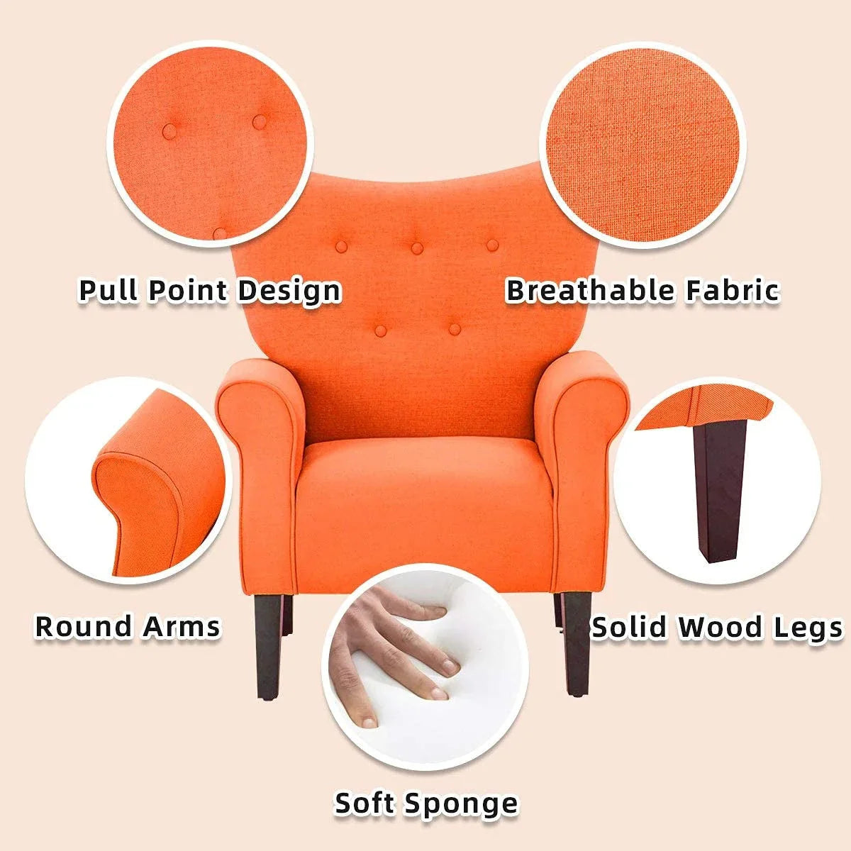 Erommy Modern Accent Chair, High Back Armchair, Upholstered Fabric Button Single Sofa with Wooden Legs for Living Room – Image 43