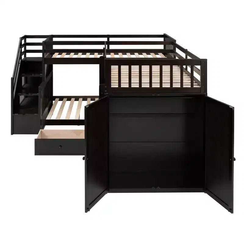 Whisen Modern Design Twin over Full L-Shaped Bunk Bed With 3 Drawers, Portable Desk and Wardrobe – Image 16