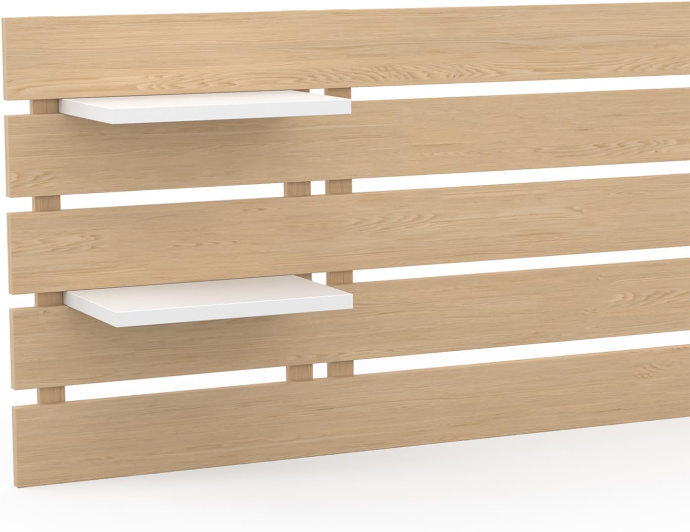 IDMarket - Tête de lit Suspendue 5 Larges Lattes Nina 240 cm Bois Clair et étagères Blanches – Image 5