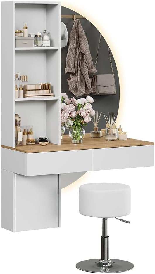 Vicco Coiffeuse Melora, Blanc/chêne, 100cm avec Miroir LED et Tabouret – Image 6