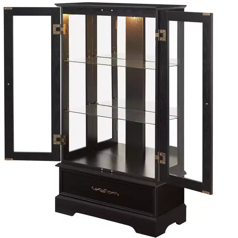 Lighted Glass Curio Cabinet with Adjustable Shelves - Elegant 2-Door Display Cabinet & Built-in Drawer, Includes Bulb – Image 12