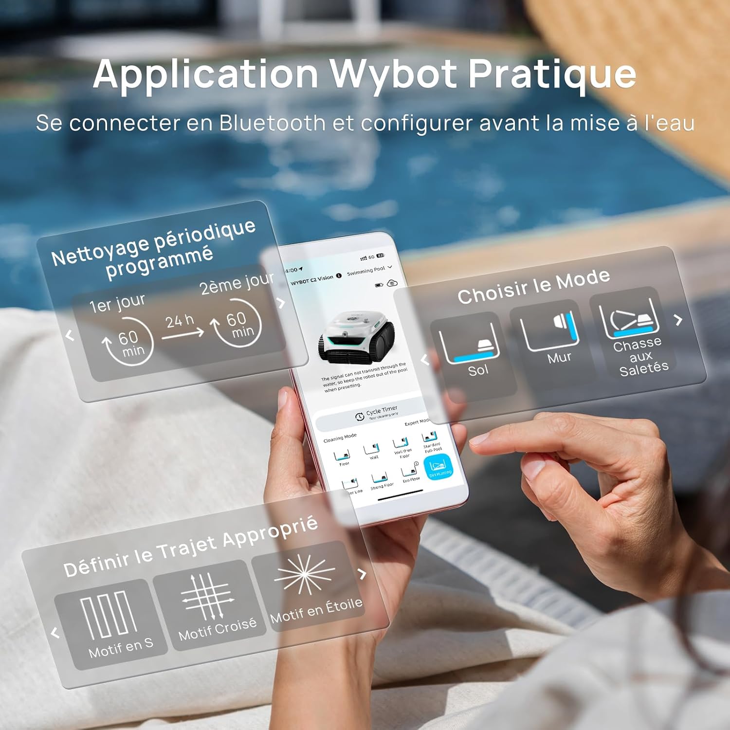 WYBOT (Nouveau Modèle) Robot Piscine sans Fil C2 Vision-A avec caméra IA, Filtration Ultra-Fine, Forte Aspiration, Nettoyage Fond/parois & Ligne d’Eau, Navigation Intelligente – Blanc – Image 8