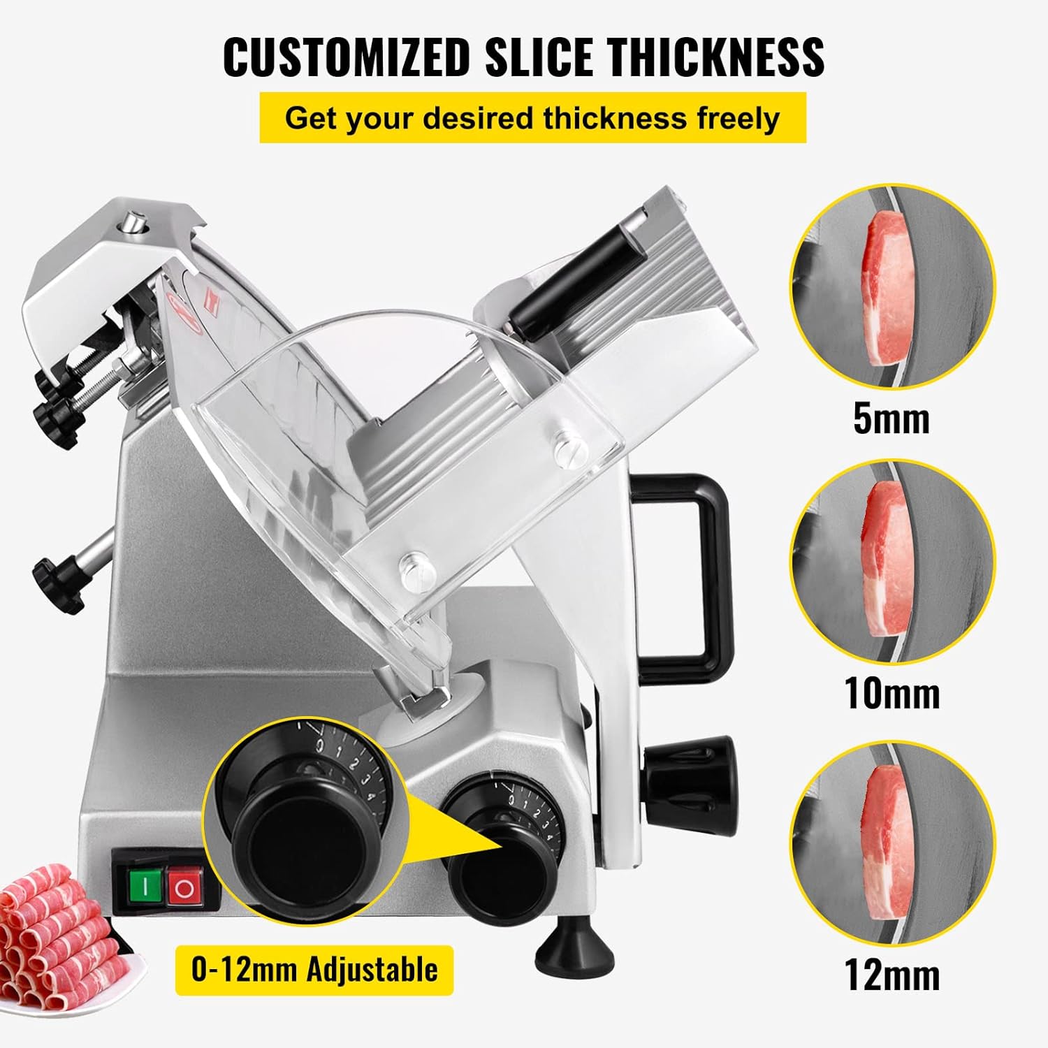 VEVOR Trancheuse Électrique Commerciale 200 W Trancheuse à Jambon Lame 203 mm 350-400 tr/min Trancheuse Charcuterie en Acier Inoxydable et Alu pour Couper en Tranches Viande Fromage Légumes Fruits – Image 4