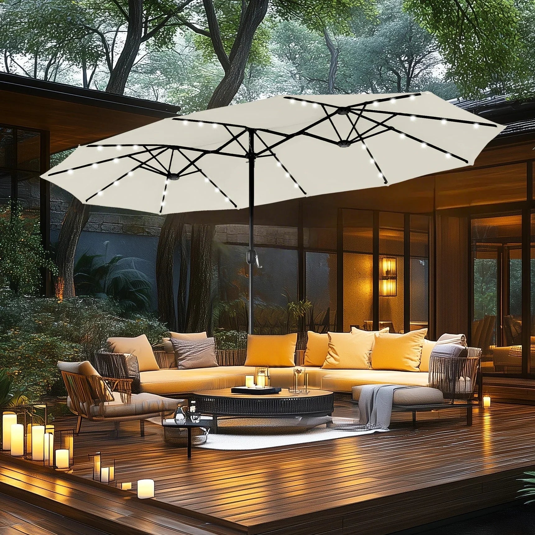 MAISON ARTS 15-foot Rectangular Crank Double-sided Outdoor Market Umbrella Solar LED Lighted Patio Umbrella with Base Included – Image 15