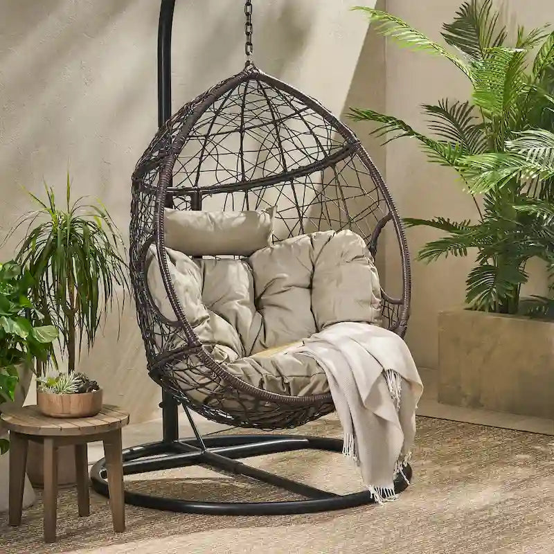 Khaki Brown / Gray Wicker Hanging Egg Chair with Cushion, 1-Person, 300 lbs Capacity – Image 15