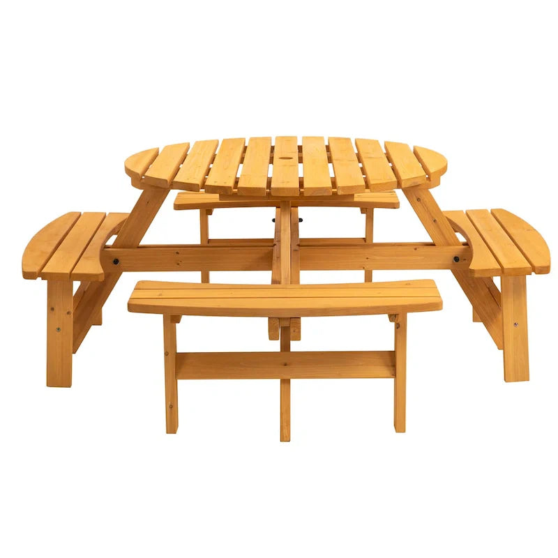 8-Person Outdoor Patio Fir Wood Round Picnic Dining Set with 4 Built-in Benches and Umbrella Hole – Image 21