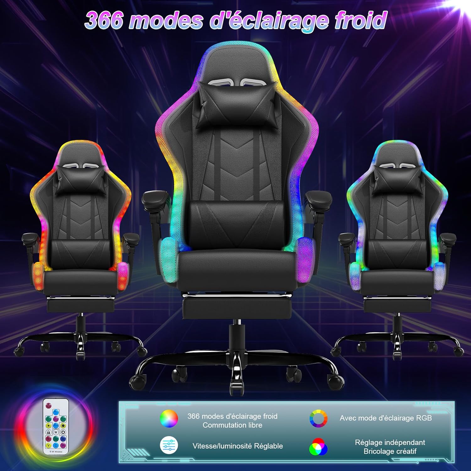 Devoko Chaise Gaming Ergonomique avec LED RGB, Massage Lombaire & Repose-Pieds – Fauteuil Gamer avec Appui-tête réglable – Dossier inclinable & Hauteur Ajustable – 180 kg – Noir – Image 8