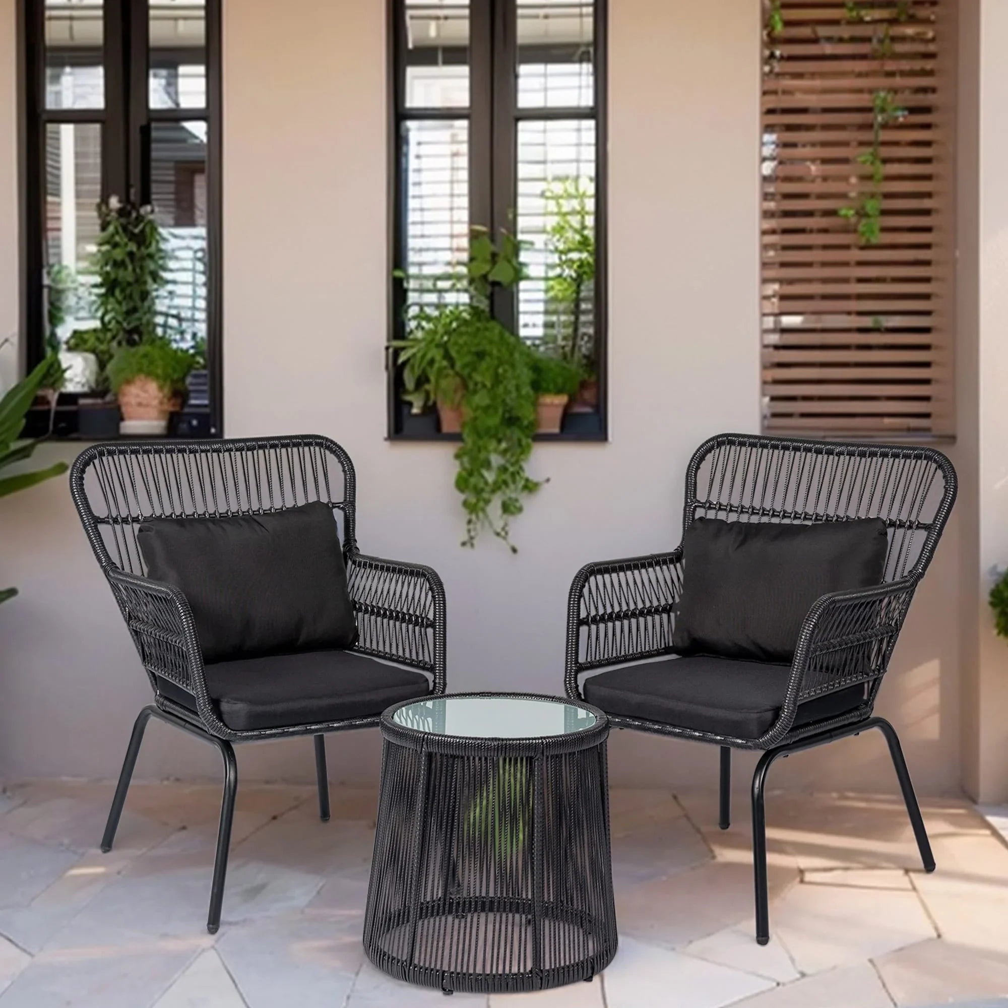 3 Piece Outdoor Wicker Conversation Bistro Set, All-Weather Rattan Furniture Patio Chairs Set with Cushions – Image 31