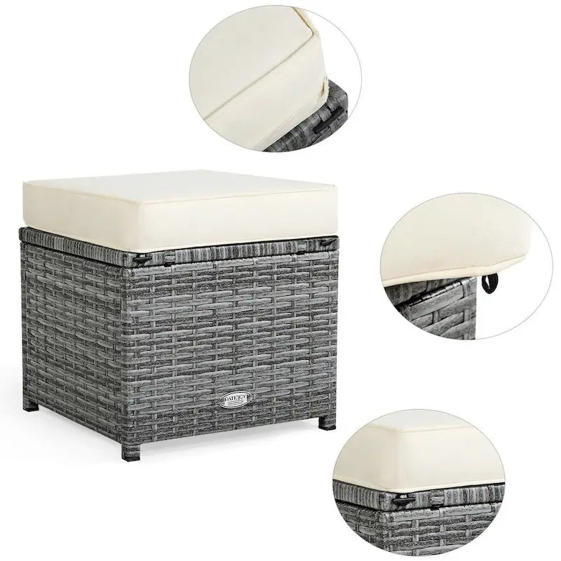 7 Pcs All-Weather Patio Rattan Dining Furniture Sectional Sofa Set with Wicker Ottoman and Cushed Couch – Image 35
