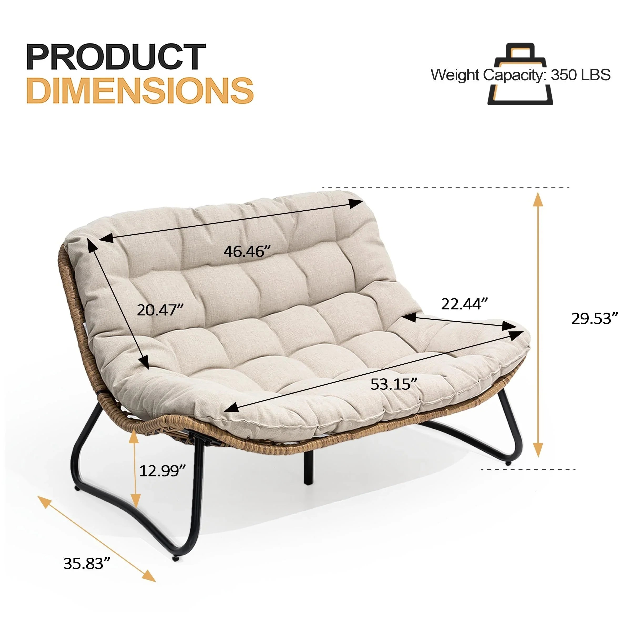 Double Papasan Chair Loveseat with Cushion, All-weather PE Rattan and Metal Frame for Indoor Outdoor – Image 24