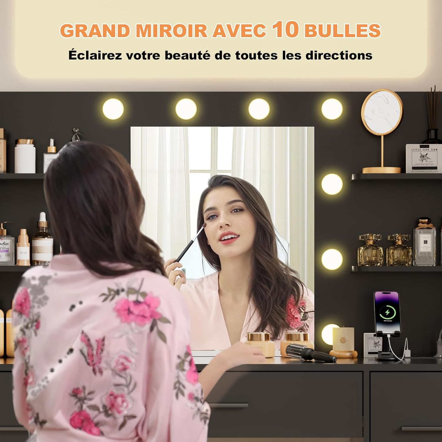 Airfish Coiffeuse LED, tiroir et prise, bureau de maquillage moderne avec étagères, commode pour chambre à coucher – Image 7