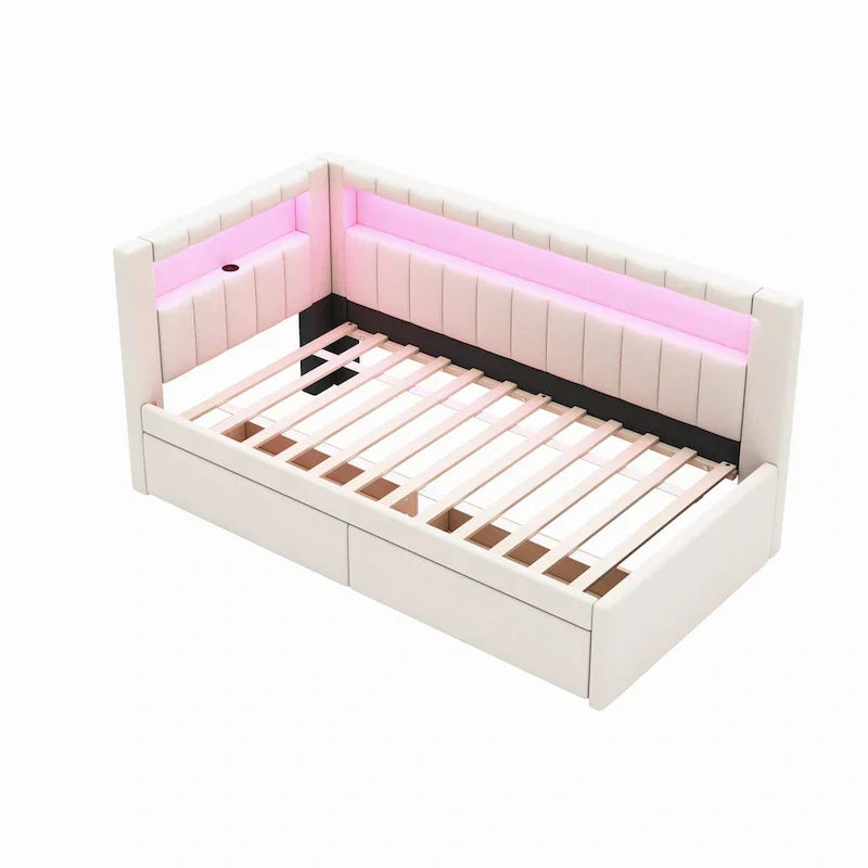 Upholstered Platform Bed with USB Ports & LED Lighting - Full/Twin Size Bed Frame with 2 Storage Drawers - Modern Bedroom – Image 8