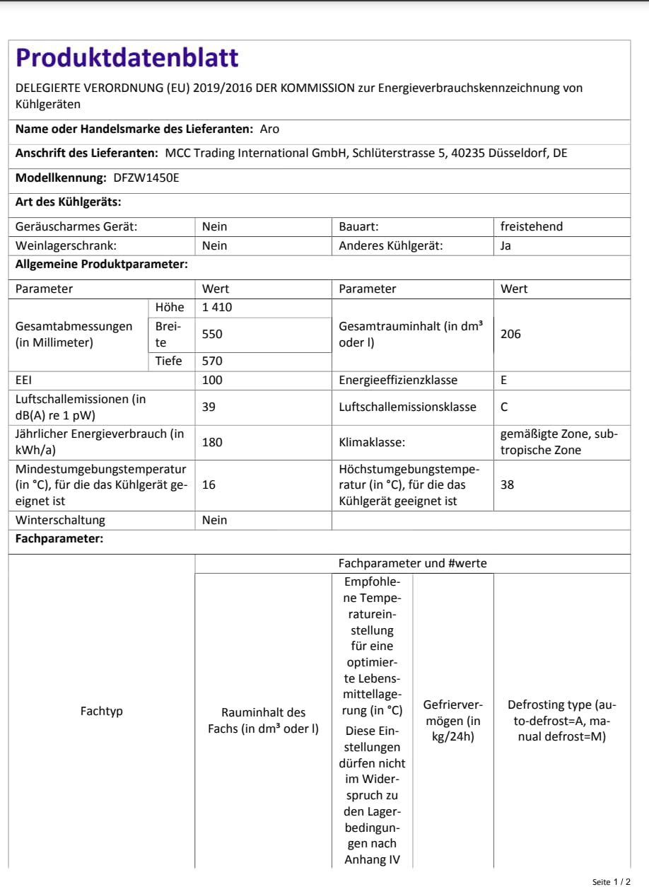 METRO Professional aro Réfrigérateur combiné DFZW1450E, PCM, 55 x 57 x 141 cm, 162 L, avec congélateur (44 L), 3 étagères réglables, blanc – Image 4