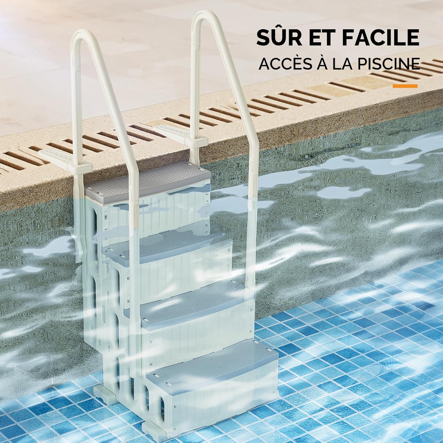 BONNLO Échelle de Piscine Antidérapante PE, Escalier de Piscine, Adaptée aux Piscines Hors Sol et Creusées Intérieur Extérieur, Blanc Cassé (Blanc + Pédale Grise, 4) – Image 2