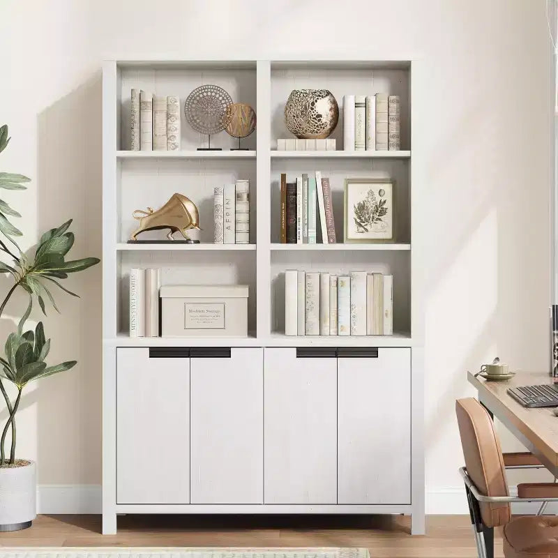 70.7Inch Tall Double Wide Bookshelf with Doors and Adjustable Shelves,5Tier Farmhouse Bookcase with Cabinet and Double Storage for Living Room,Office – Image 6