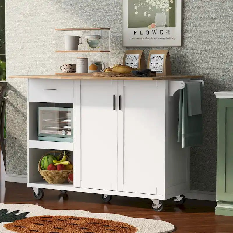 Kitchen Island with Foldable Counter Top, Kitchen Storage Cart with Slide-Out Shelf, Towel Rack and Drawer, Rolling Wheels – Image 19