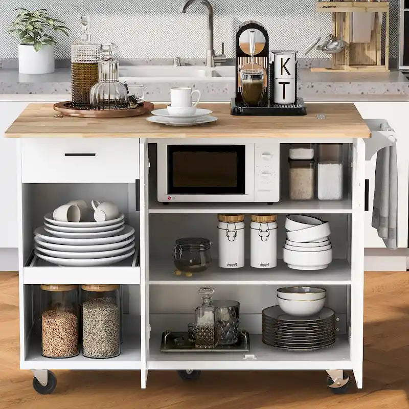 Kitchen Island with Foldable Counter Top, Kitchen Storage Cart with Slide-Out Shelf, Towel Rack and Drawer, Rolling Wheels – Image 22