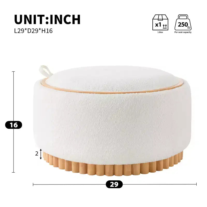 Polibi Round Storage Ottoman with Solid Wood Cylinder Base & Reversible Lid – Image 10