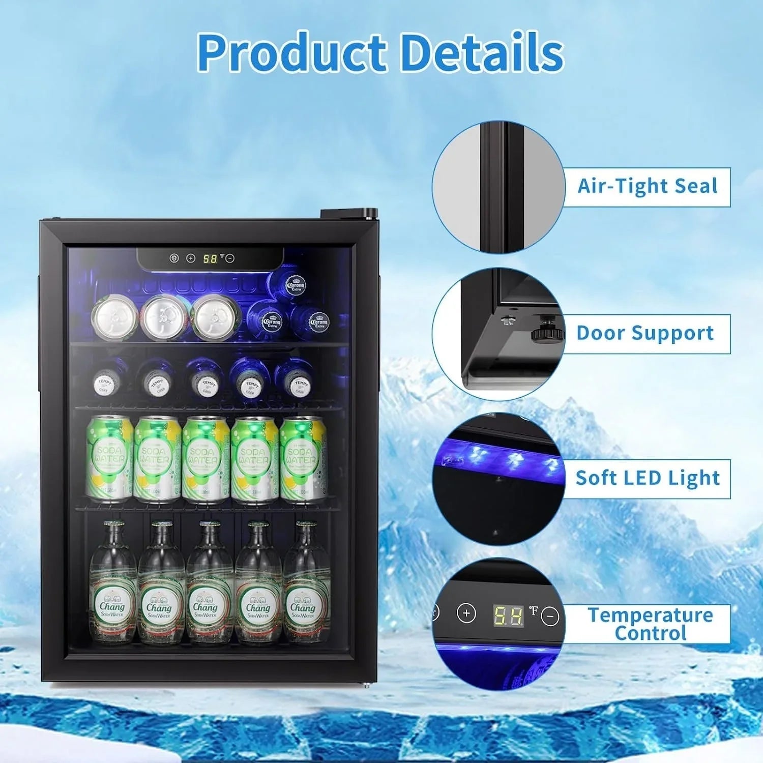 Mini Fridge-100 Can Beverage Refrigerator, Wine Cooler, Clear Front Glass Door, Small Drink Touch Screen - 2.6 Cu. Ft. – Image 5