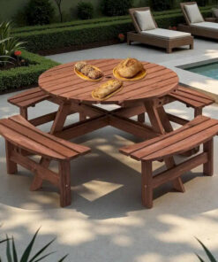 Alternative view of 8-Person Outdoor Patio Fir Wood Round Picnic Dining Set with 4 Built-in Benches and Umbrella Hole