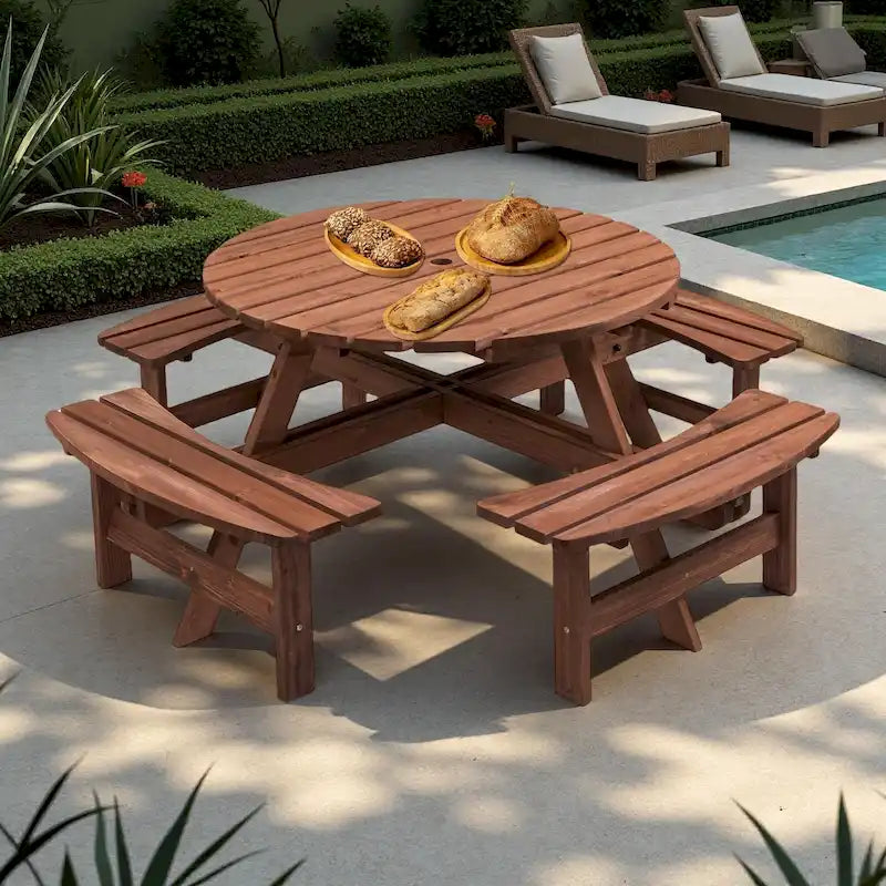 8-Person Outdoor Patio Fir Wood Round Picnic Dining Set with 4 Built-in Benches and Umbrella Hole – Image 2