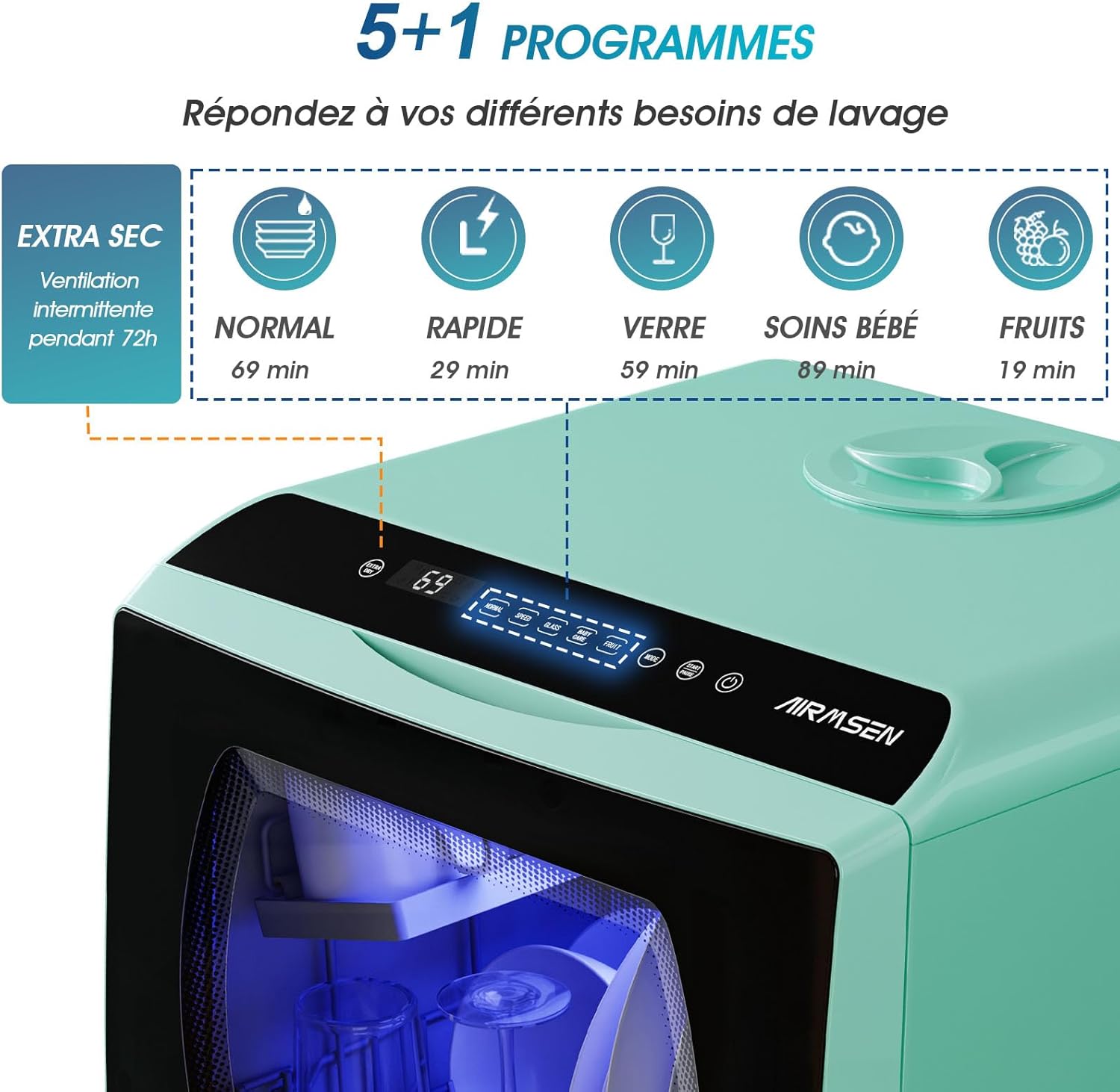 AIRMSEN Mini Lave-Vaisselle de Comptoir, 5+1 Programmes, Réservoir d'Eau de 5L, Contrôle Tactile et Écran LED, Adapté pour les Cuisines Familiales, Appartements et Dortoirs, Vert – Image 7