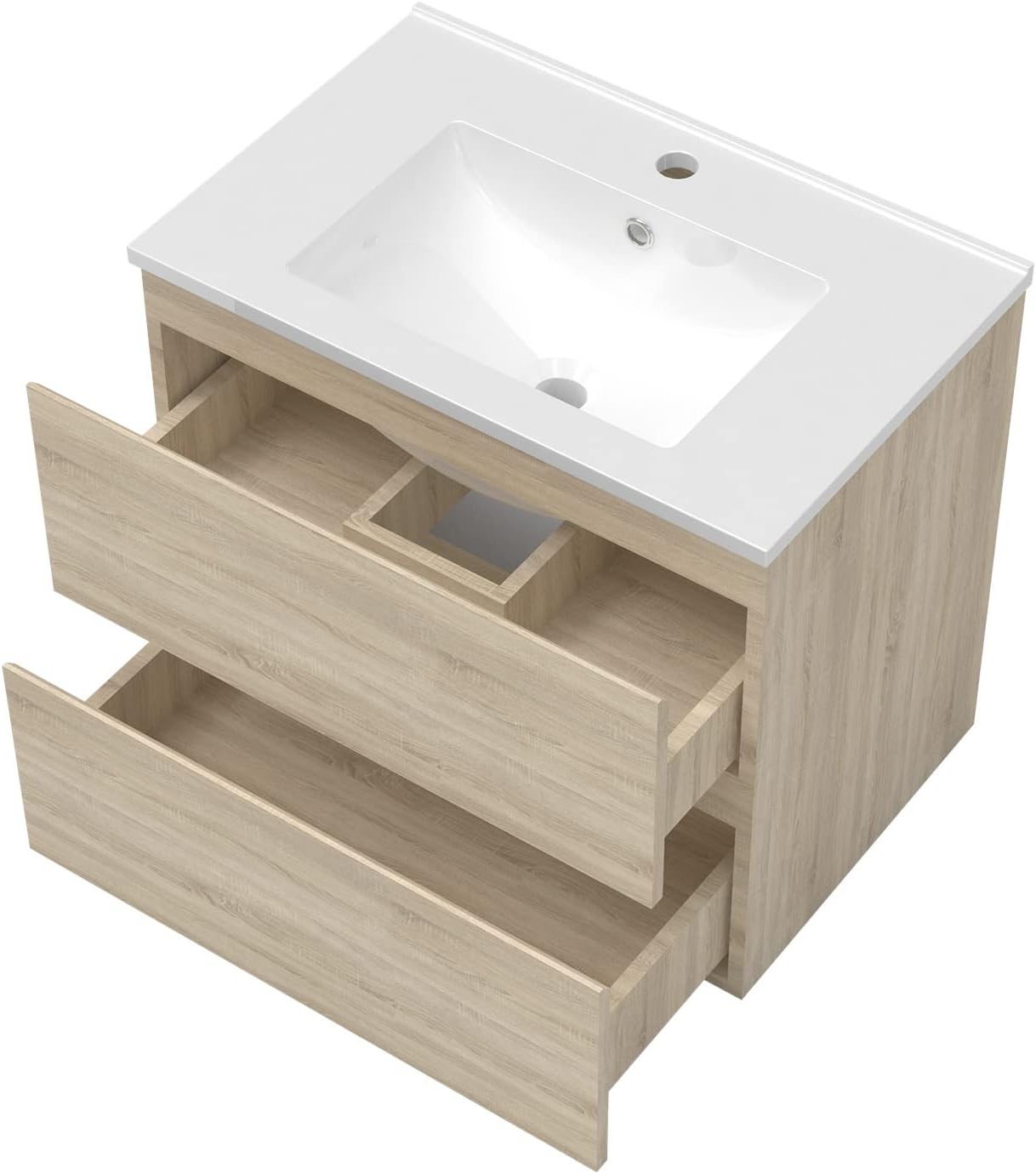 AICA Ensemble Meubles Salle de Bain 80cm Vasque + Colonne + Miroir Rond Lumineux Chêne Wotan – Image 2