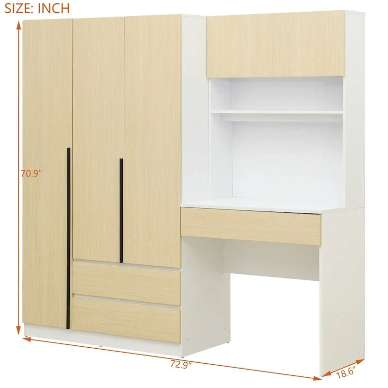 3-in-1 Wardrobe Closet with Vanity Desk, Desk Set, Bedroom Armoire with 2 Drawers 3-Door Storage Desk Wardrobe – Image 4