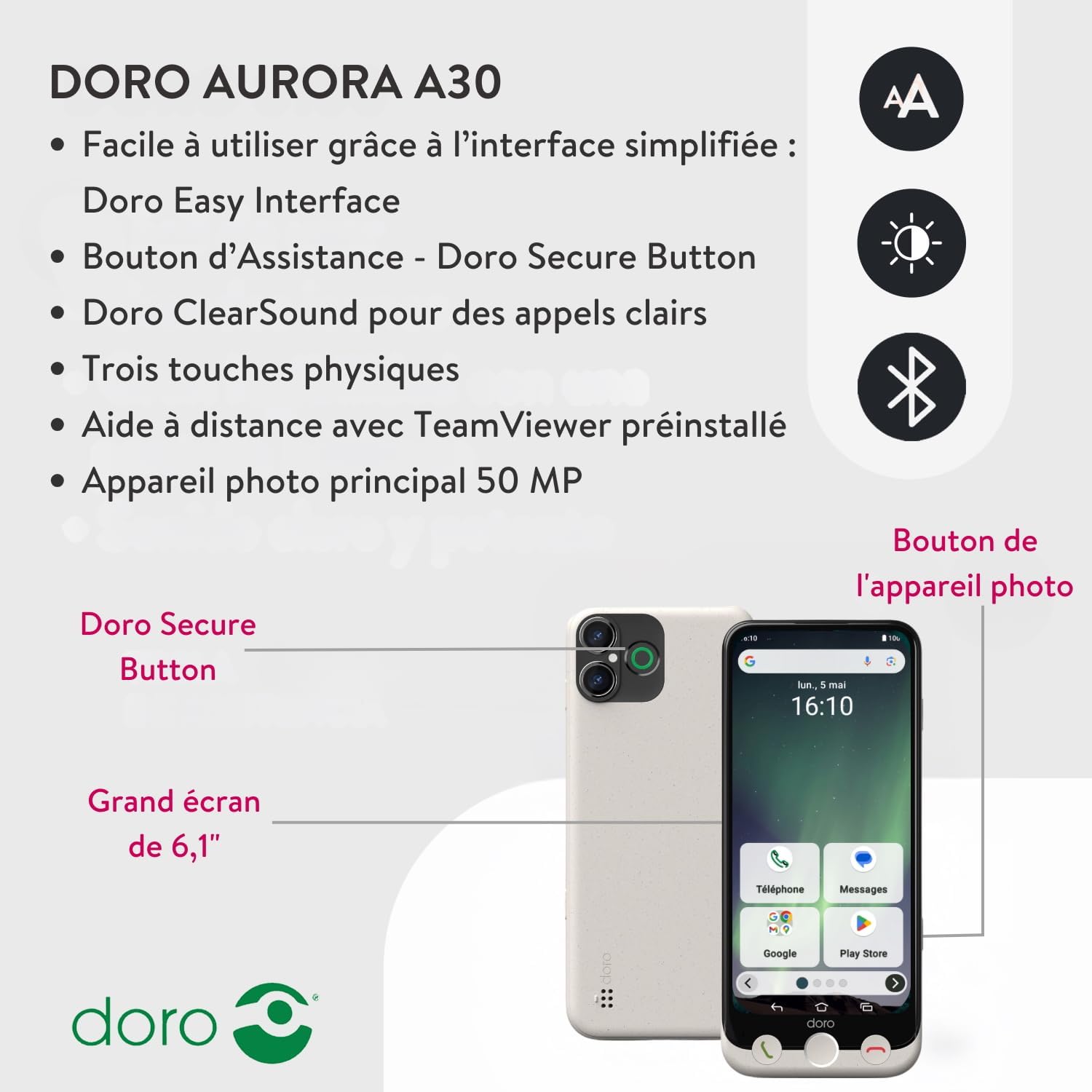Doro - Téléphone Aurora A30 - Téléphone Portable Senior - Facile à Utiliser - Touche d'Assistance avec Localisation GPS - Compatible Appareils Auditifs - Câble USB Inclus - Graphite – Image 2