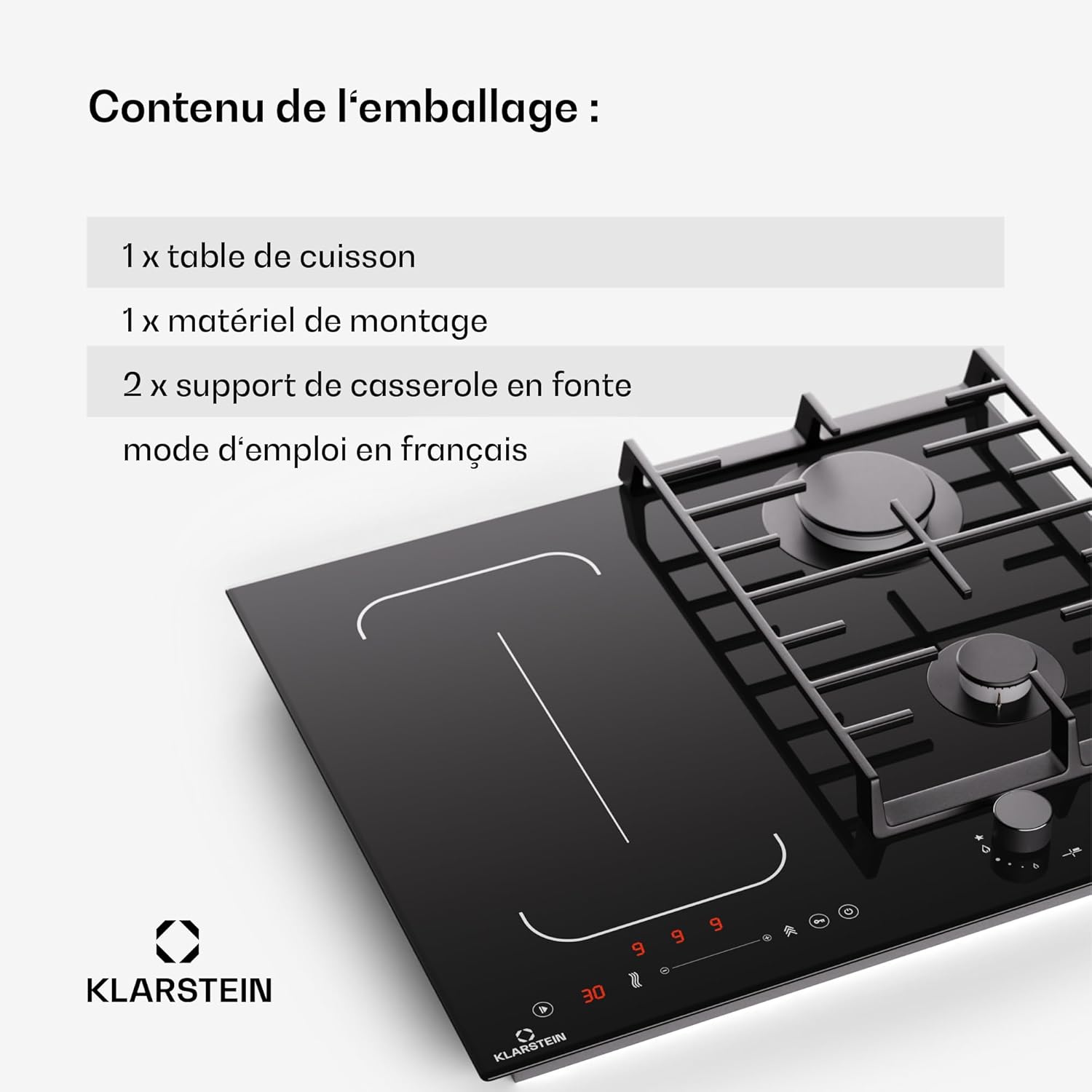 Klarstein MultiChef 4 Plaque Induction Et Gaz - 4 Zones, 2 Gaz et 2 Induction, Flexzone, 7Kw, StopetGo, Minuterie, Supports En Fonte Noir, 58,5Cm – Image 8