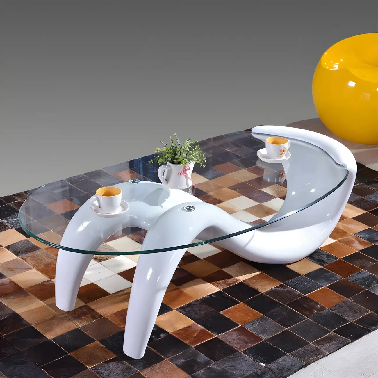 Abstract Modern Oval Glass Top Metal Base Coffee Table – Image 14