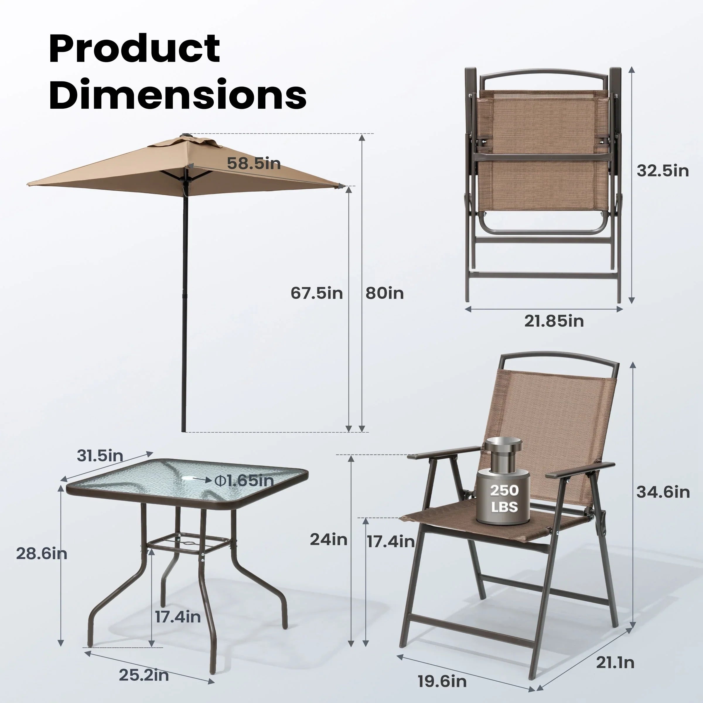 Pellebant 6 Piece Patio Set with Table, Umbrella and 4 Folding Chairs - 22.4Wx26.8Dx34.4H – Image 10