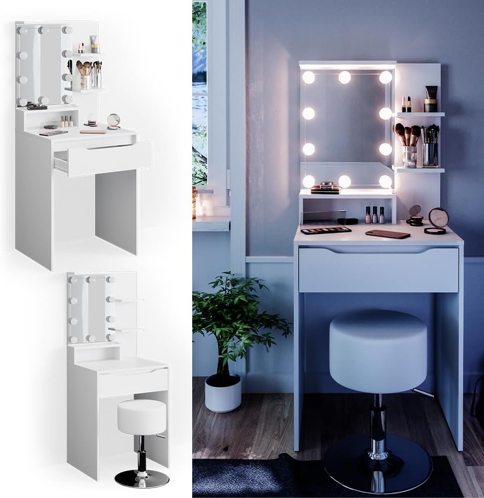 Vicco Coiffeuse Ruben, Blanc, 60 cm avec éclairage LED et Tabouret – Image 2