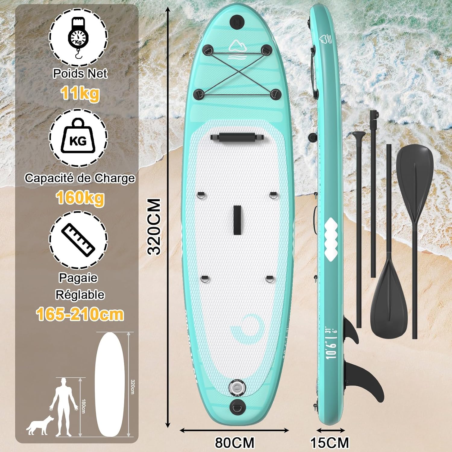 JUMMICO Stand Up Paddling Board, 320 cm x 80 cm x 15 cm, Planche de Sup Gonflable, Stand Up Paddle 2-en-1 avec siège de Kayak, Protection réglable Contre Les Rayures et Accessoires, jusqu'à 160 kg – Image 3