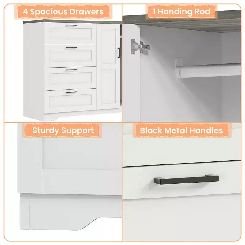 43.3'' H Multifunctional Wooden Dresser, 2 Door Wardrobe Armoire Closet with 4 Drawers and Hanging Rod, Wooden Dresser Cabinet for Bedroom – Image 9