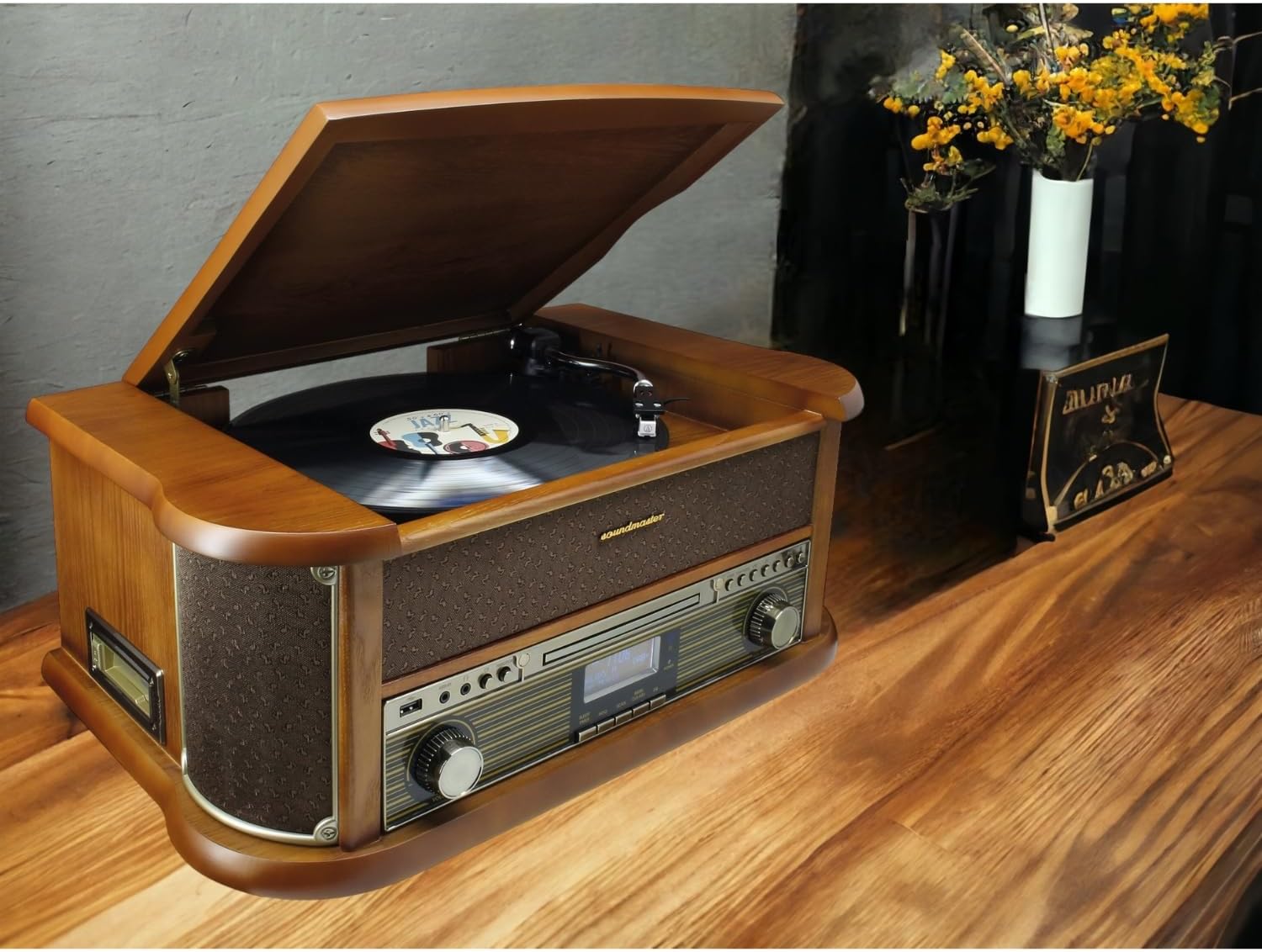 Soundmaster NR566BR Chaîne Hi-FI Nostalgie 7 en 1 Platine Vinyle Audio Technica Cellule magnétique | Radio numérique Dab+ | CD-MP3 | USB | Cassette | Bluetooth | Fonction de numérisation | égaliseur – Image 2
