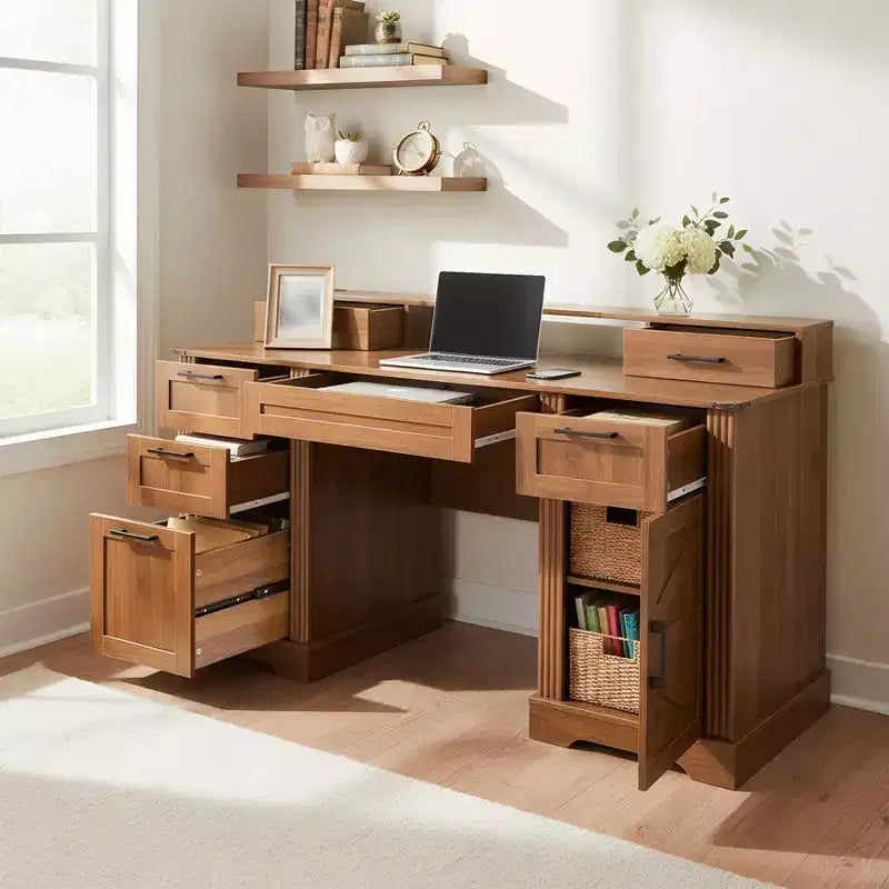 59 Executive Desk with 6 Drawers, Wooden Computer Desk with File Drawer & Charging Station, Home Office Desk Conference Table for Home Office – Image 2