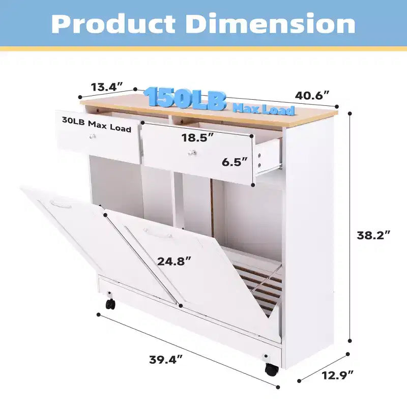 EROMMY Double Tilt Trash Cabinet with 2 Drawers, Trash Cabinet with Storage on Wheels,white – Image 2