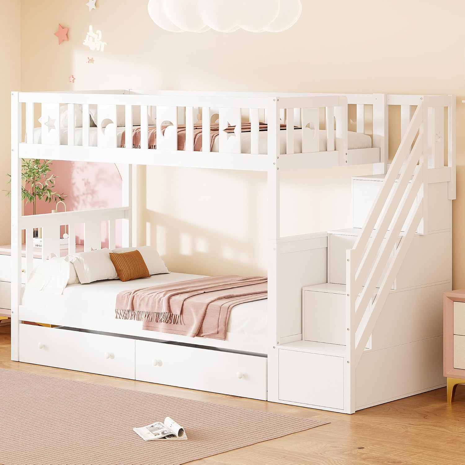 90x200 cm lit superposé en Bois Massif pour Les Enfants - lit Mezzanine avec escalier de sécurité, étagère de Rangement, 2 tiroirs pour Les garçons et Les Filles, Blanc (sans Matelas) | Robuste et durable