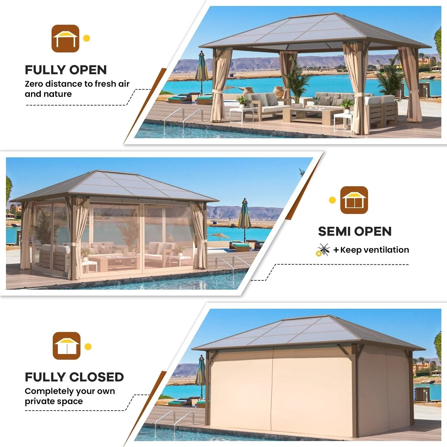 EROMMY Hardtop Gazebo,Outdoor Pergola with Double Roof & Netting & Curtains,Heavy Duty Canopy for Patio, Backyard, Pool party – Image 28