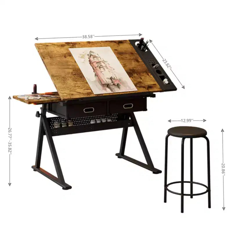 Height Adjustable Drafting Table with Stool,0-75 Tilting Drawing Desk&2 Storage Drawers,Artist Workstation for Painting,Crafting,Writing & Sketching – Image 3