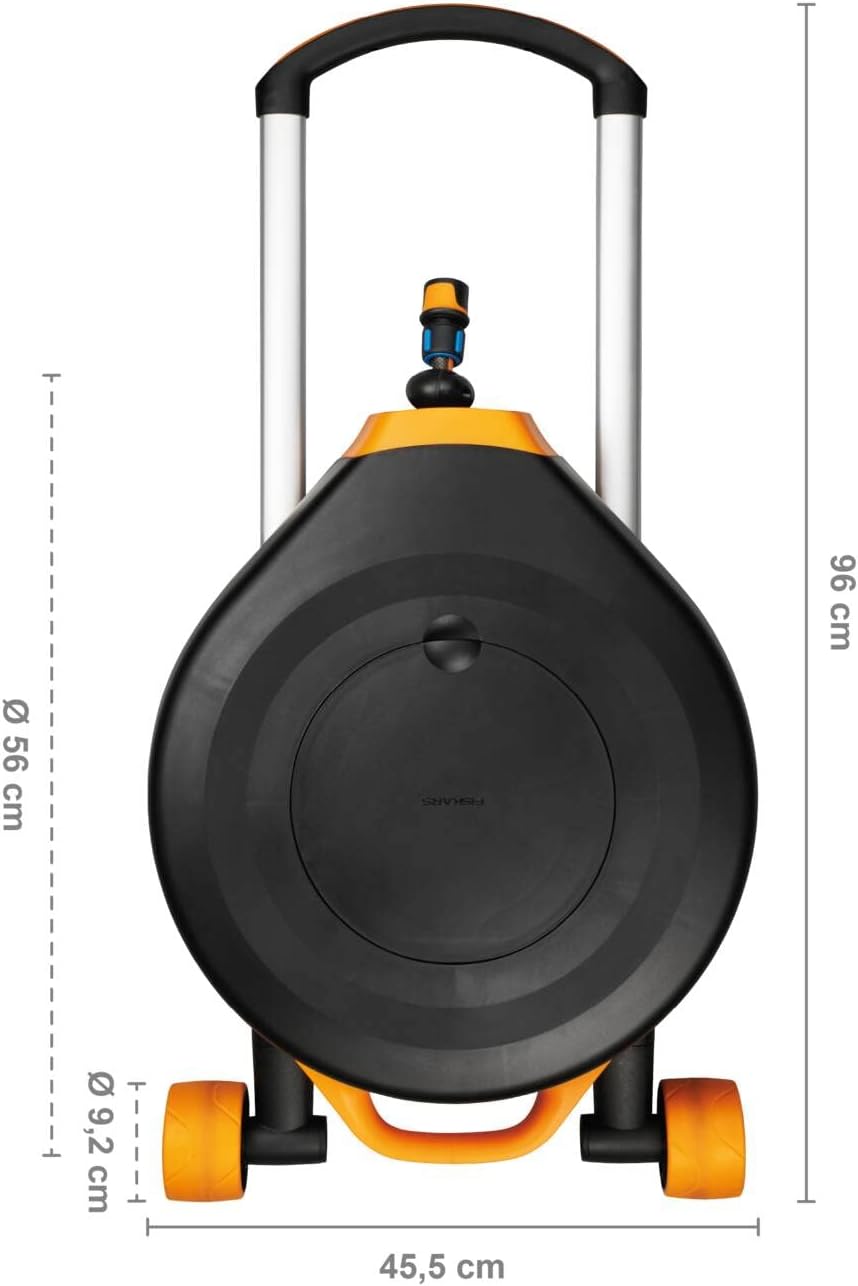 Fiskars Devidoir XL avec Roues, Set d'Arrosage Tout-en-1, Tuyau de 27 m, Tuyau à Enroulement automatique, Tuyau de taille universelle diamètre 13 mm , Raccord universel pour Robinet, noir/orange, 1025933 – Image 4