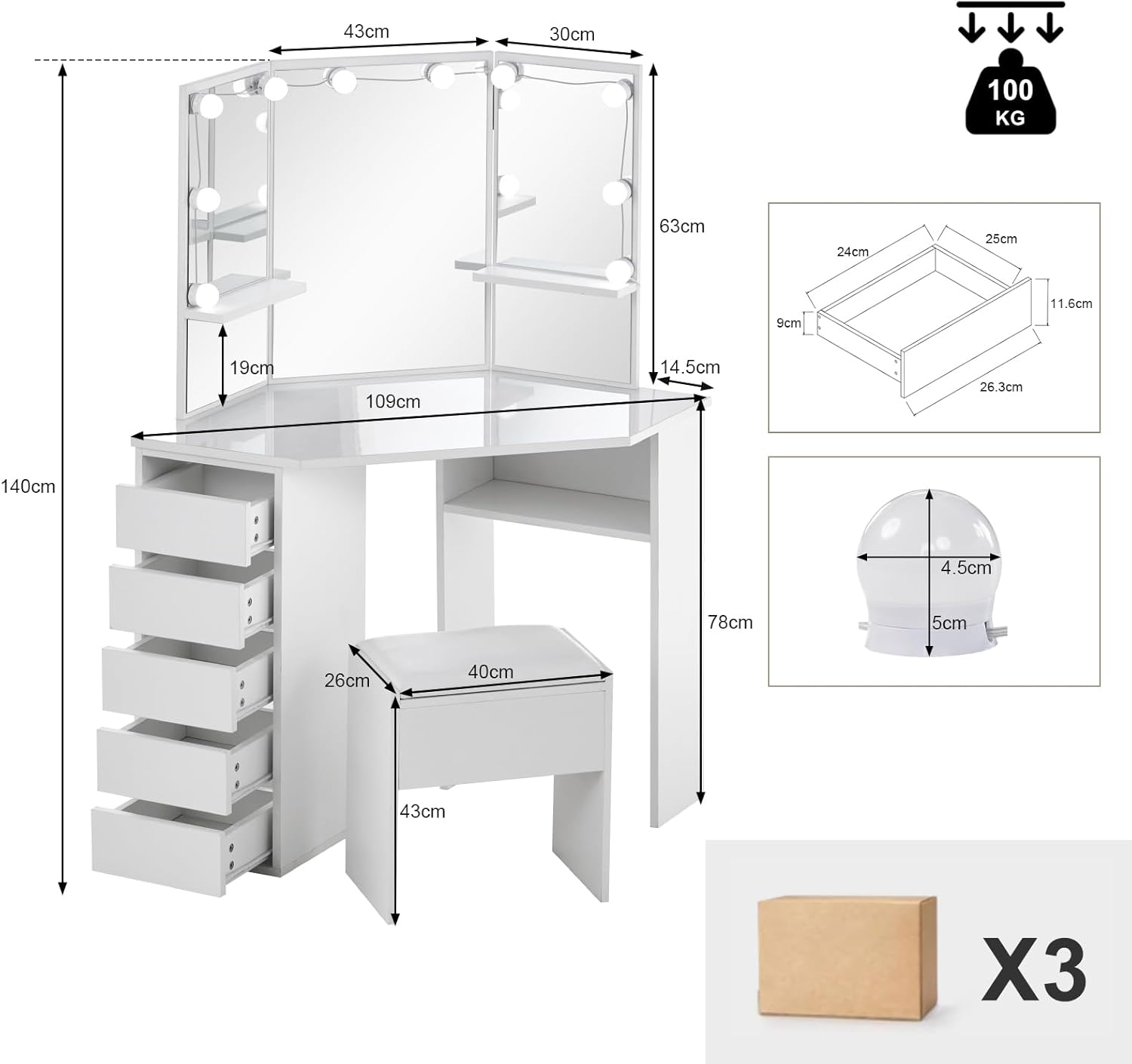 Coiffeuse avec Miroir Triptyque et Tabouret, Coiffeuse d'angle Miroir Tabouret 2 Compartiments 5 Tiroirs, Table de Maquillage Blanc Moderne Femme Cadeau avec LED – Image 4