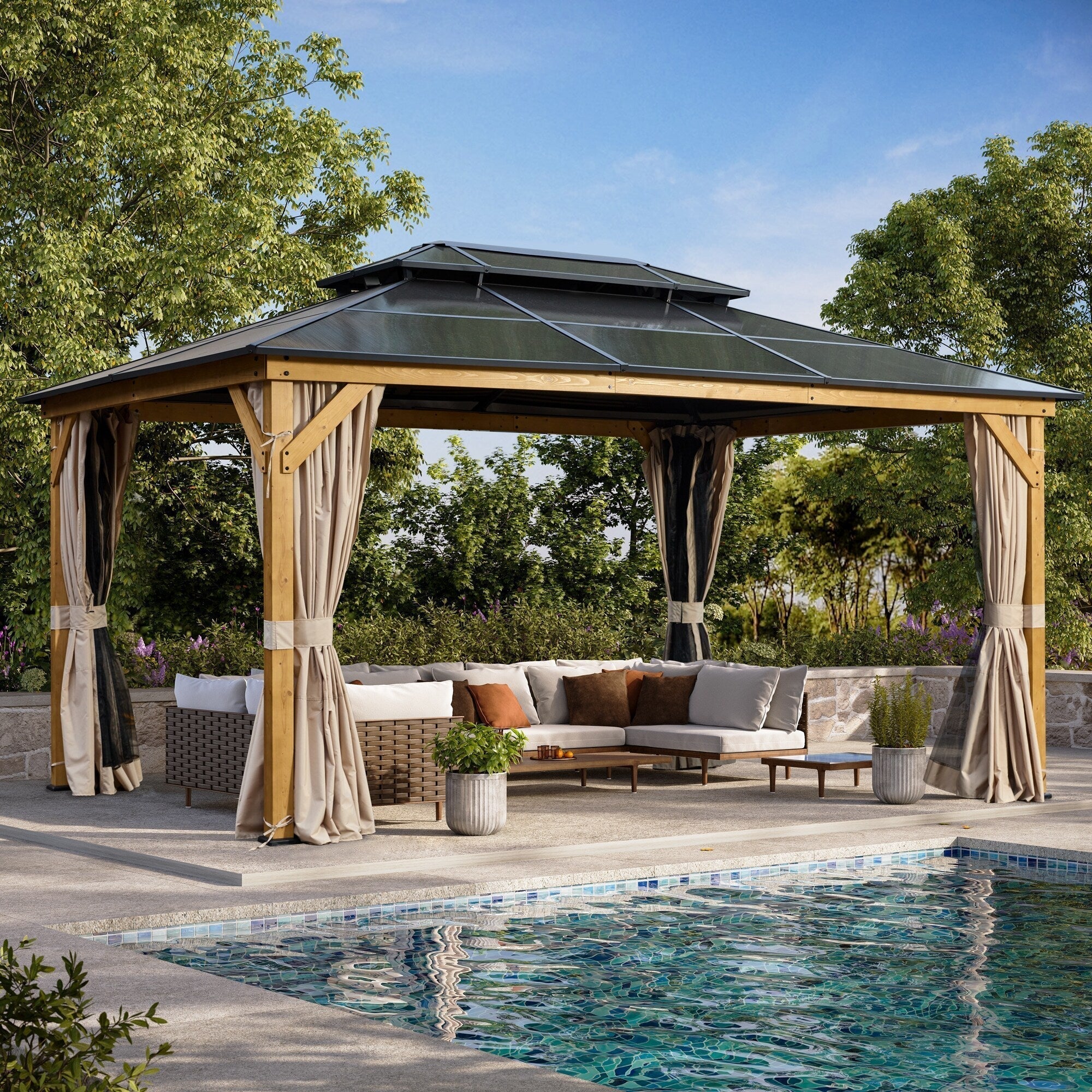EROMMY Hardtop Gazebo,Outdoor Pergola with Double Roof & Netting & Curtains,Heavy Duty Canopy for Patio, Backyard, Pool party – Image 20