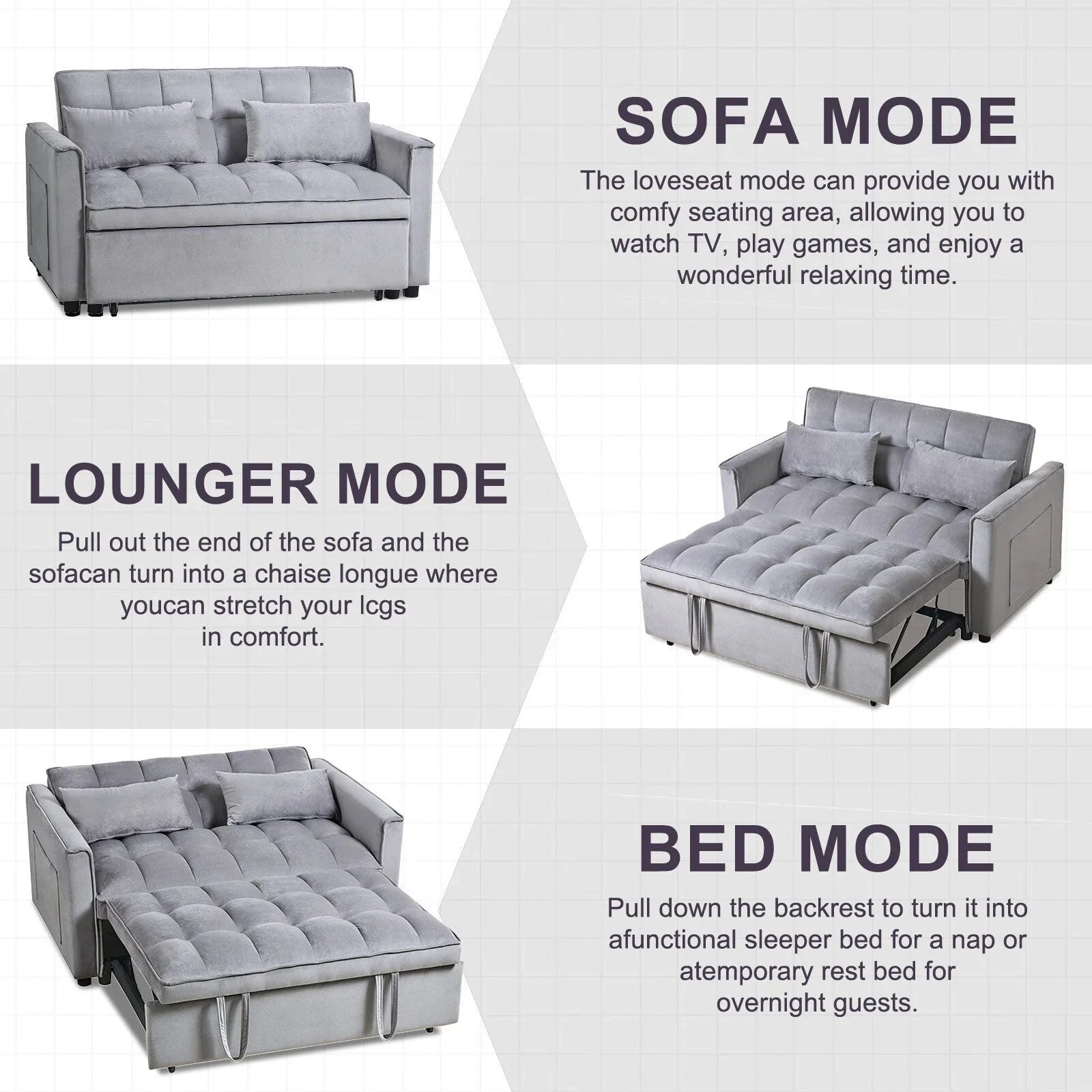 Modern Pull-Out Couch Bed, 3-in-1 Sleeper Sofa with Adjustable Backrest, Velvet Loveseat, Pillows & Side Pockets – Image 4